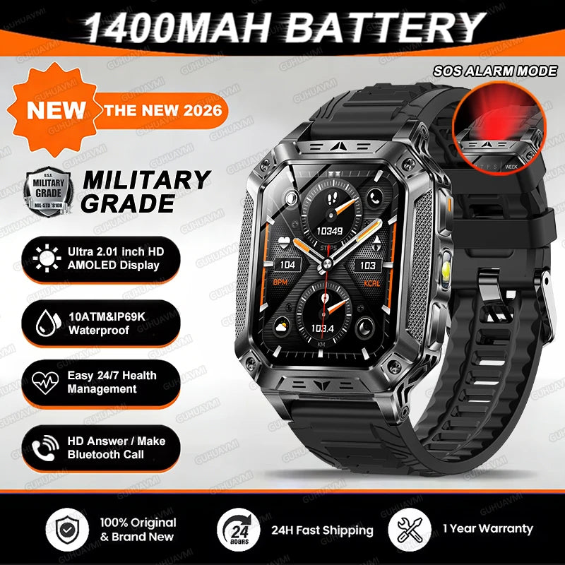 TANK Military GPS Smart Watch Men – 2.01" AMOLED, 1400mAh, 10ATM Waterproof