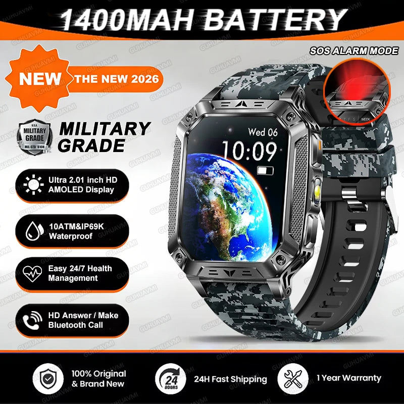TANK Military GPS Smart Watch Men – 2.01" AMOLED, 1400mAh, 10ATM Waterproof