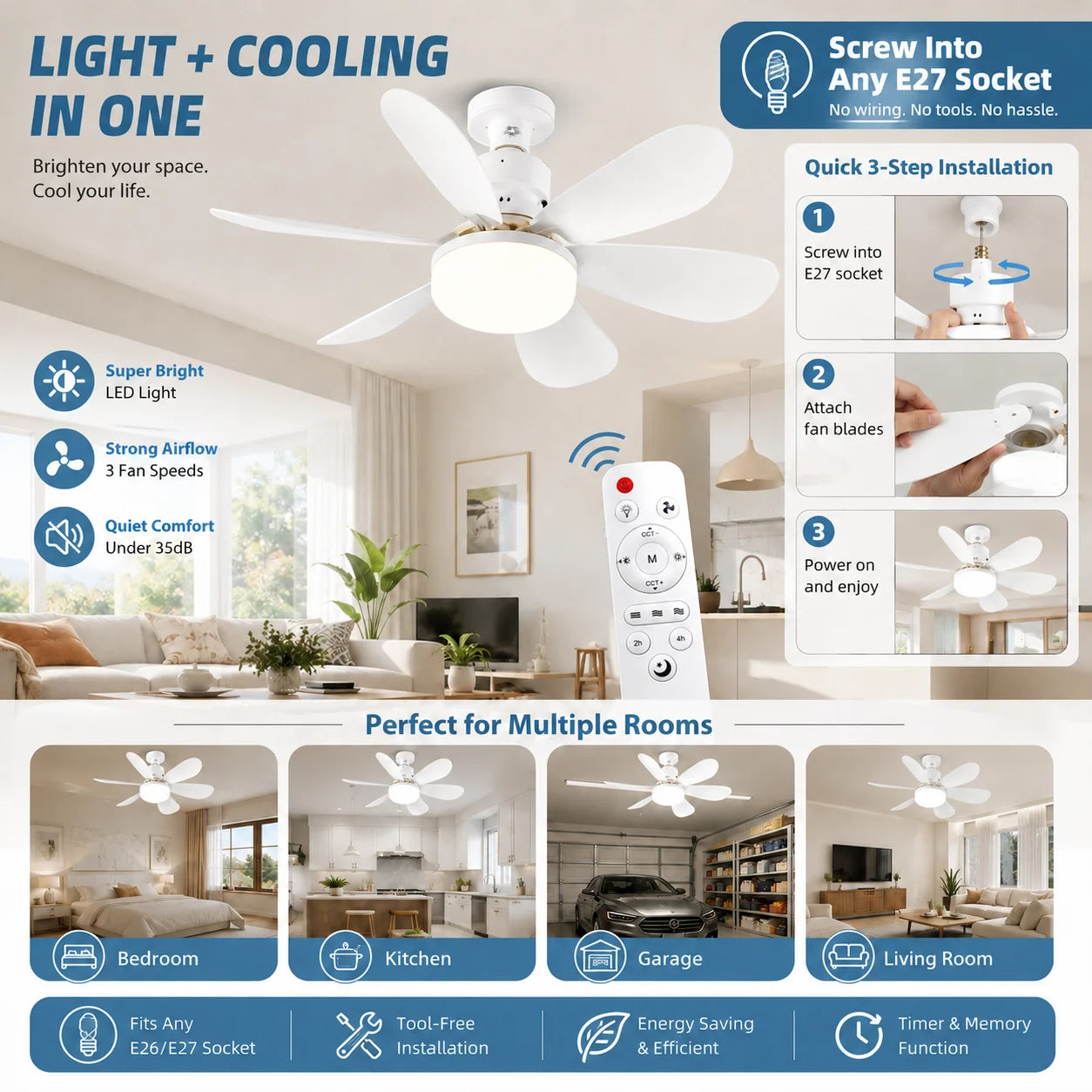 E27 LED Ceiling Fan Light with Remote | 3-Color Dimmable 3000K-6500K