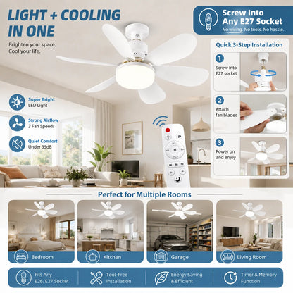 E27 LED Ceiling Fan Light with Remote | 3-Color Dimmable 3000K-6500K
