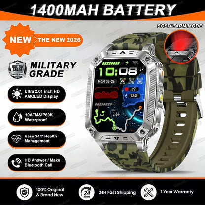TANK Military GPS Smart Watch Men – 2.01" AMOLED, 1400mAh, 10ATM Waterproof