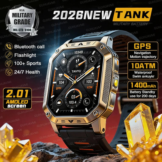 TANK Military GPS Smart Watch Men – 2.01" AMOLED, 1400mAh, 10ATM Waterproof
