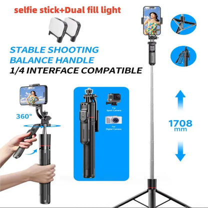 MEUYAG 1708mm Selfie Stick Tripod with Fill Light & Bluetooth Remote