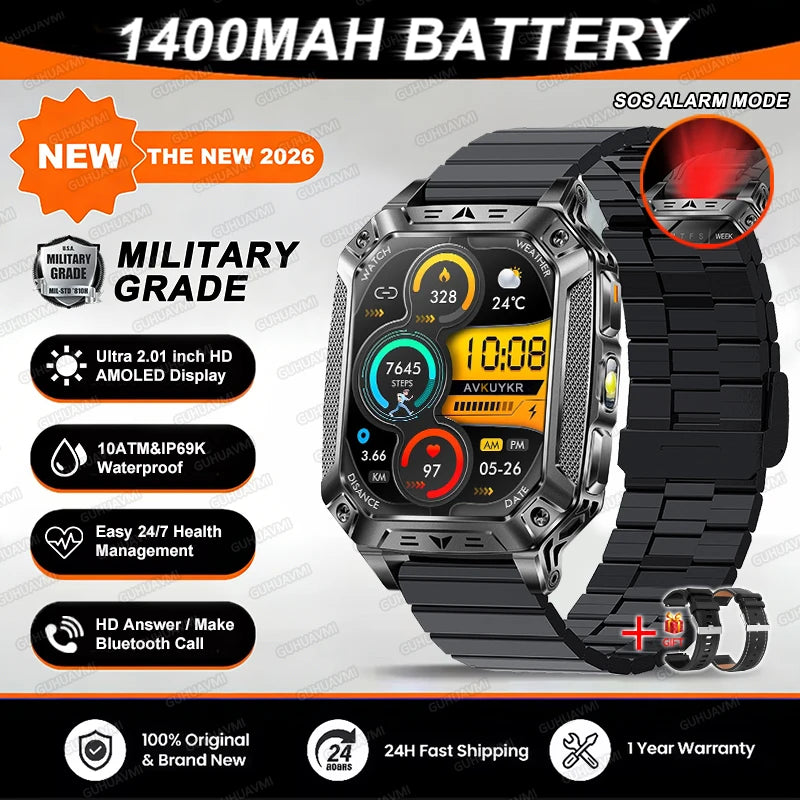 TANK Military GPS Smart Watch Men – 2.01" AMOLED, 1400mAh, 10ATM Waterproof