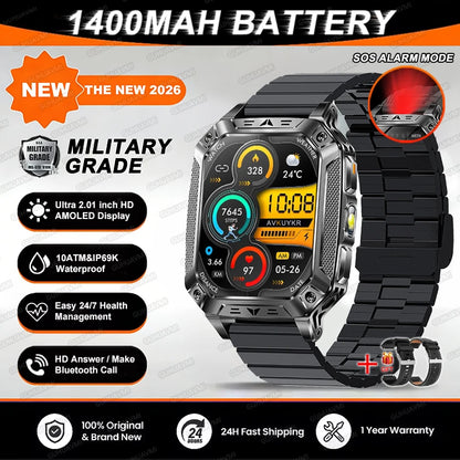 TANK Military GPS Smart Watch Men – 2.01" AMOLED, 1400mAh, 10ATM Waterproof