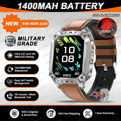 TANK Military GPS Smart Watch Men – 2.01" AMOLED, 1400mAh, 10ATM Waterproof