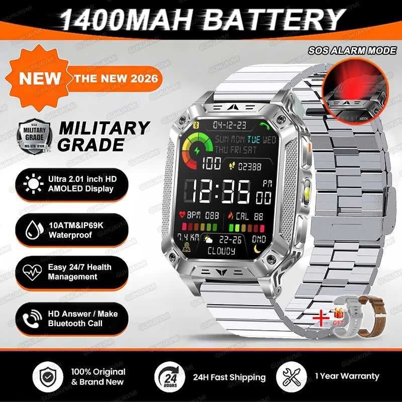 TANK Military GPS Smart Watch Men – 2.01" AMOLED, 1400mAh, 10ATM Waterproof