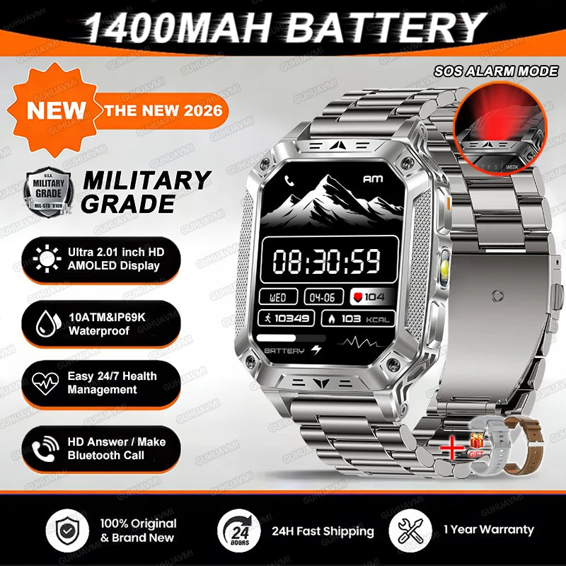TANK Military GPS Smart Watch Men – 2.01" AMOLED, 1400mAh, 10ATM Waterproof