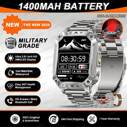 TANK Military GPS Smart Watch Men – 2.01" AMOLED, 1400mAh, 10ATM Waterproof
