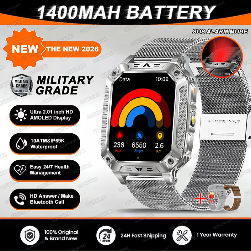 TANK Military GPS Smart Watch Men – 2.01" AMOLED, 1400mAh, 10ATM Waterproof