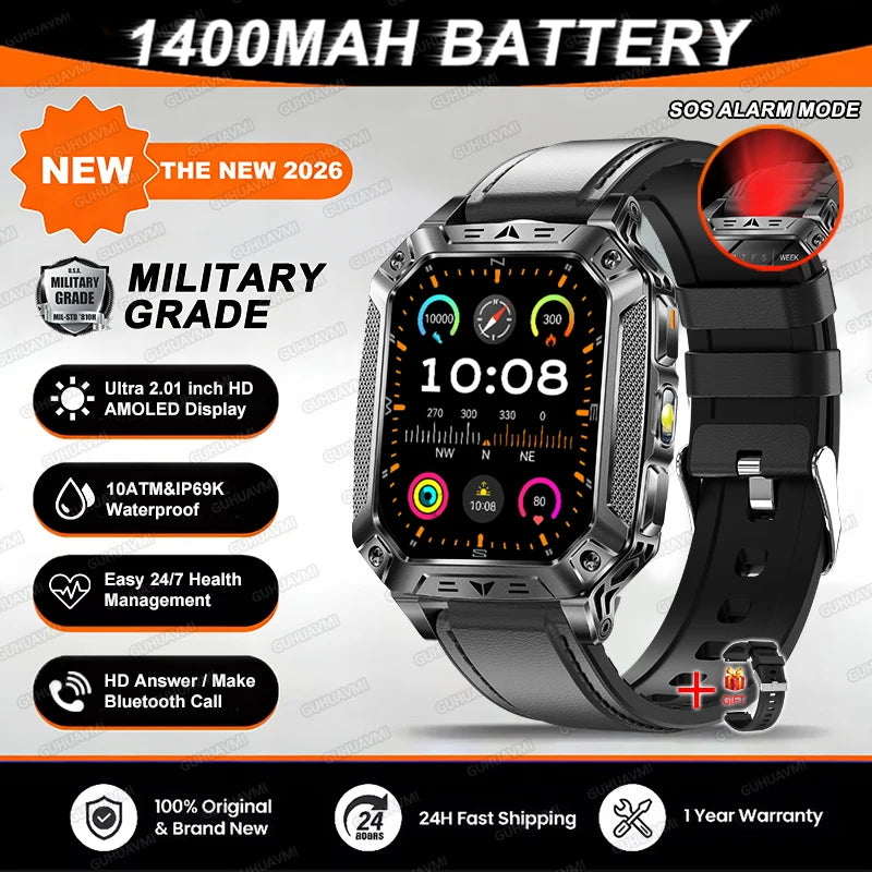 TANK Military GPS Smart Watch Men – 2.01" AMOLED, 1400mAh, 10ATM Waterproof