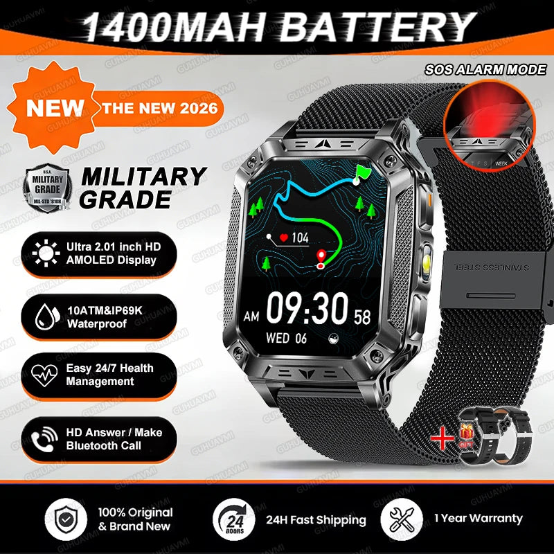 TANK Military GPS Smart Watch Men – 2.01" AMOLED, 1400mAh, 10ATM Waterproof