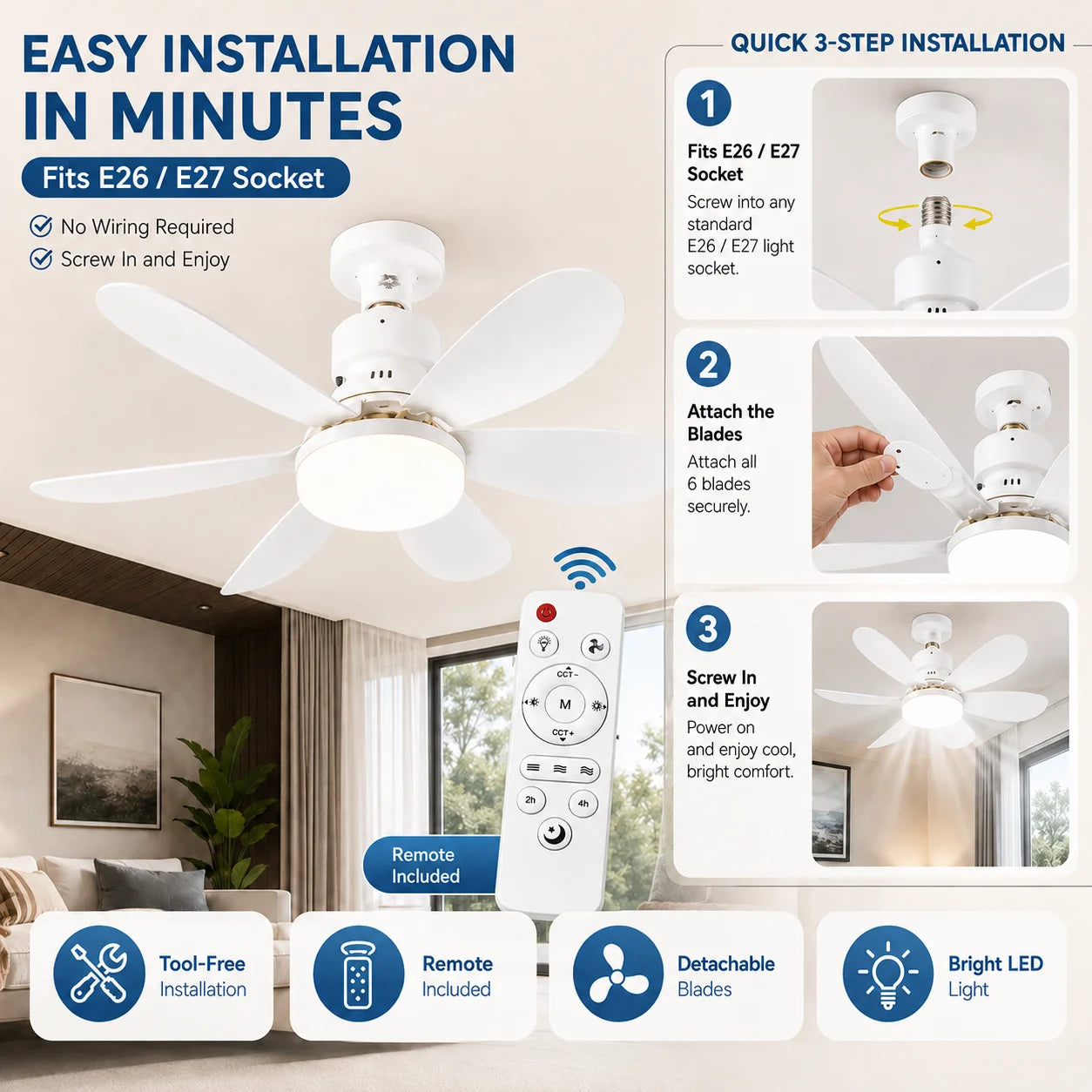 E27 LED Ceiling Fan Light with Remote | 3-Color Dimmable 3000K-6500K