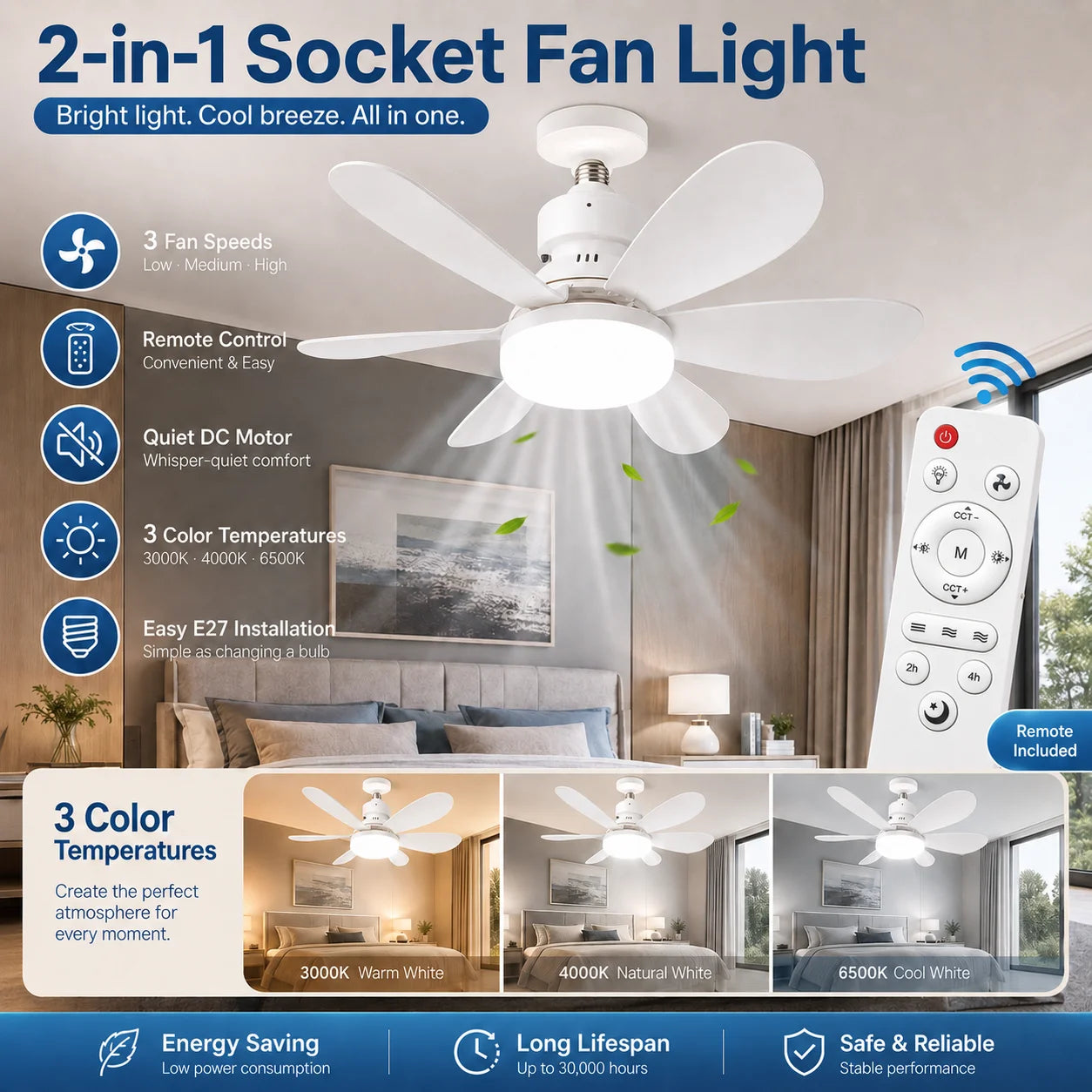 E27 LED Ceiling Fan Light with Remote | 3-Color Dimmable 3000K-6500K