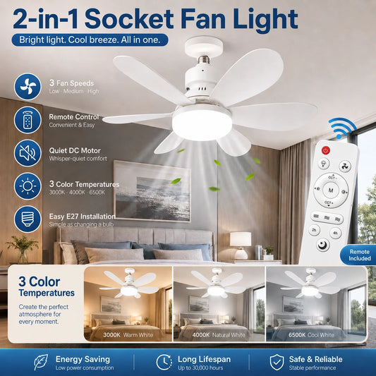 E27 LED Ceiling Fan Light with Remote | 3-Color Dimmable 3000K-6500K