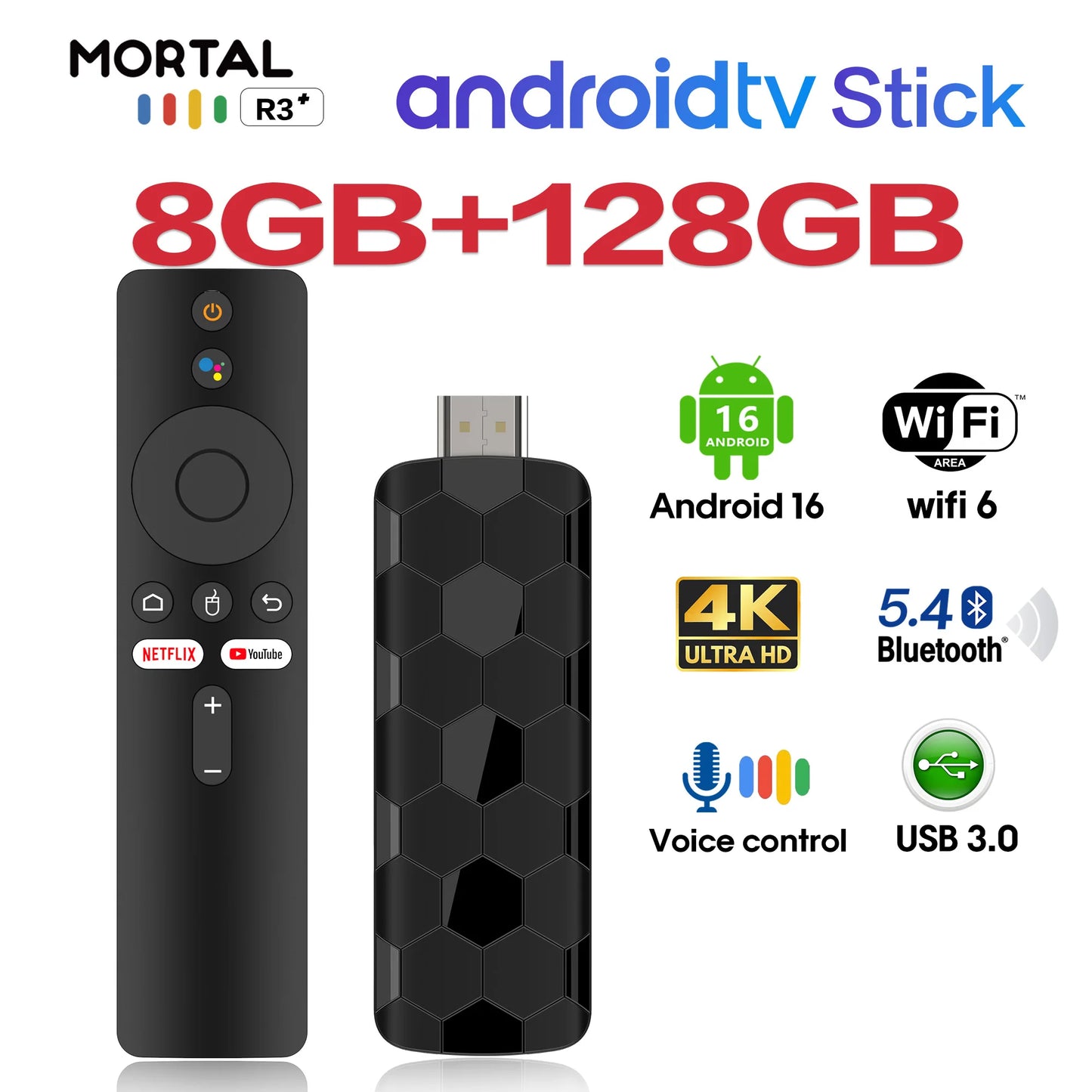 R3+ 4K Ultra HD TV Stick – Dual WiFi Media Player with 8GB RAM & 128GB Storage