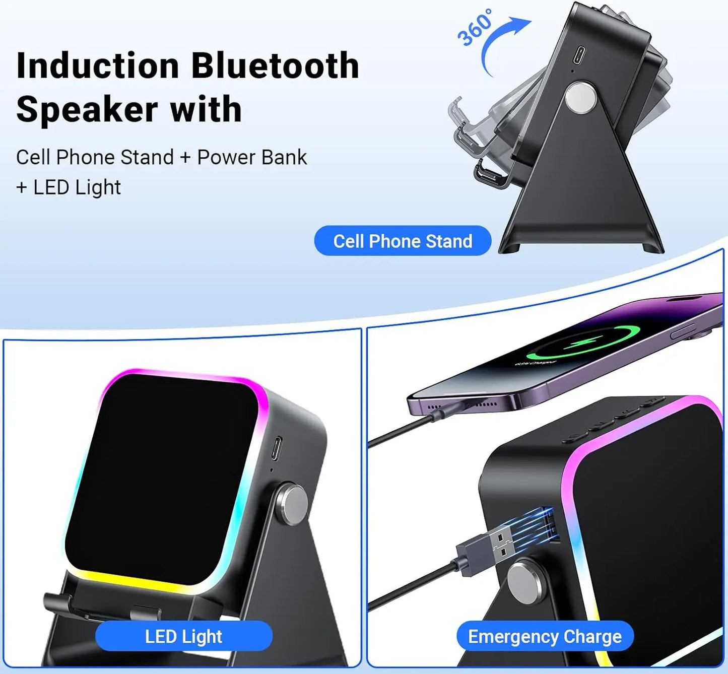 5-in-1 Universal Wireless Bluetooth Speaker Phone Stand with RGB Light