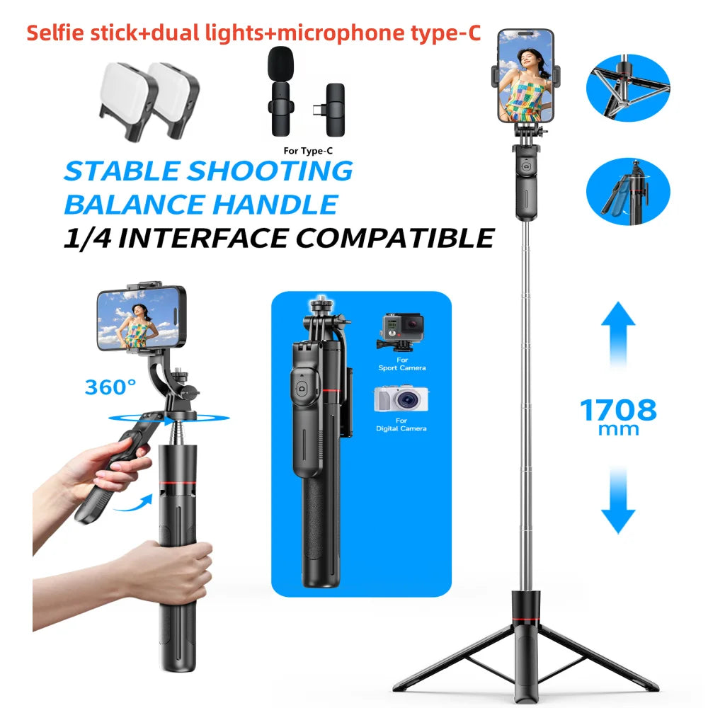 MEUYAG 1708mm Selfie Stick Tripod with Fill Light & Bluetooth Remote