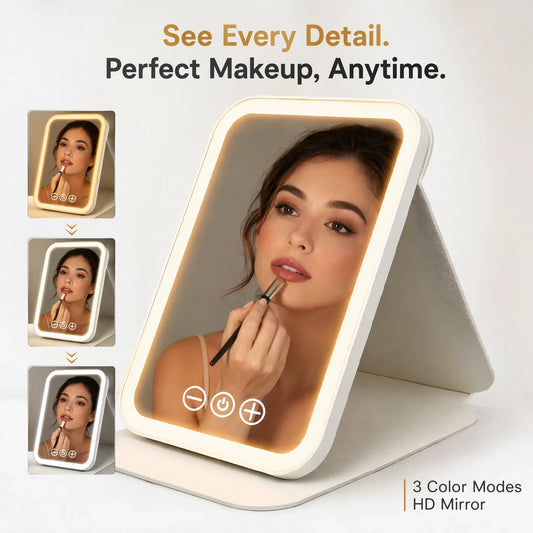USB Rechargeable LED Vanity Mirror – Touch Screen, 3-Color Dimmable & Foldable