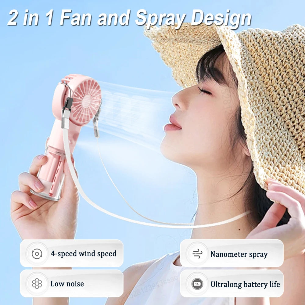Portable 3-in-1 Mist Cooling Fan – USB Rechargeable Handheld Air Cooler
