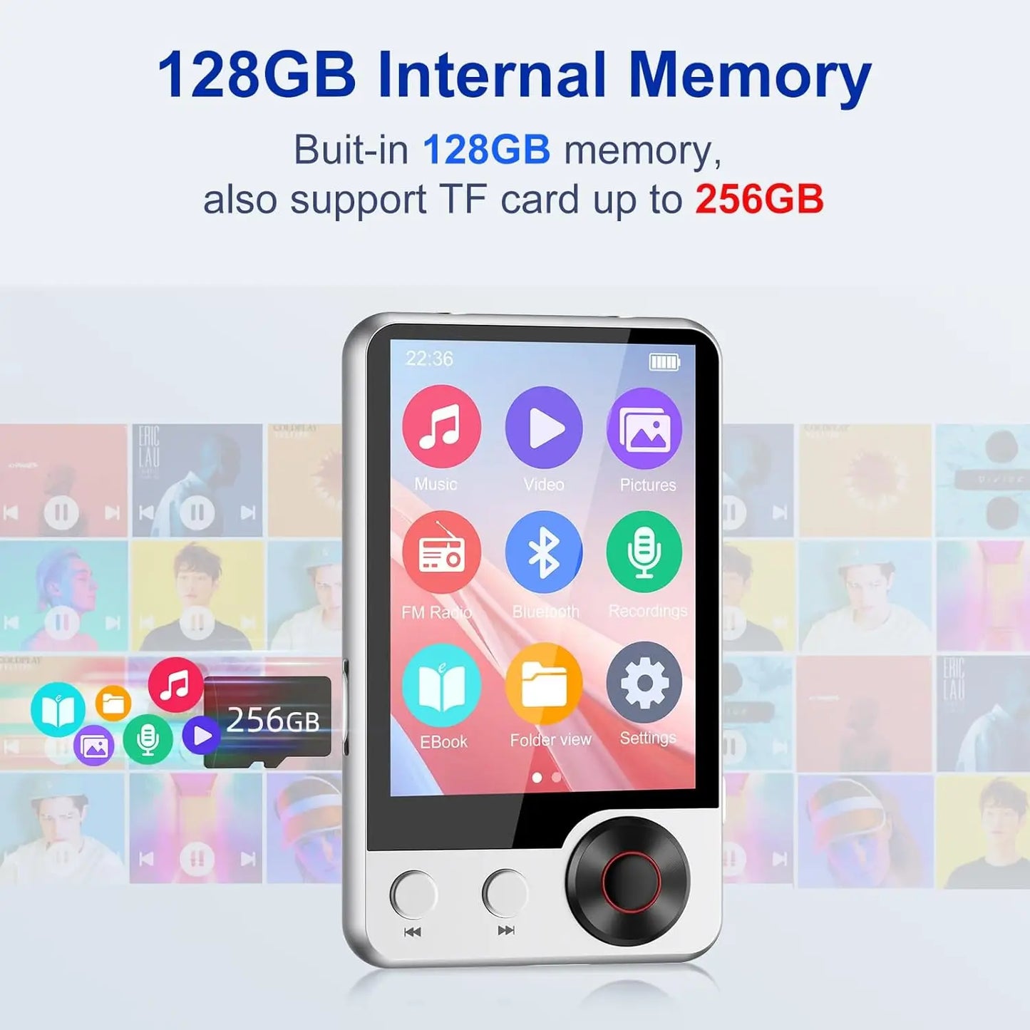 128GB Bluetooth 5.3 MP3 Player with HD Speaker