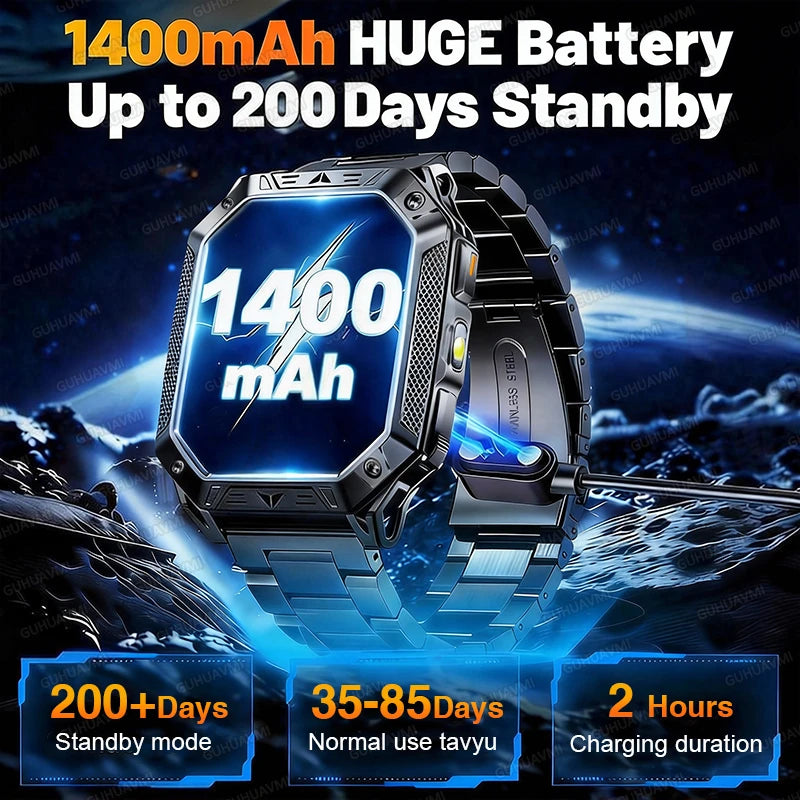 TANK Military GPS Smart Watch Men – 2.01" AMOLED, 1400mAh, 10ATM Waterproof