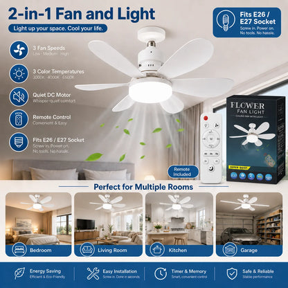 E27 LED Ceiling Fan Light with Remote | 3-Color Dimmable 3000K-6500K