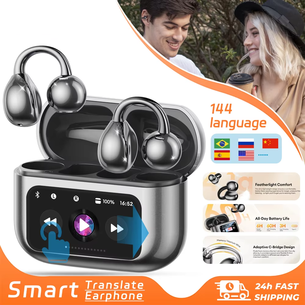 AI Translation Bluetooth Earbuds – 144 Languages Touchscreen TWS Headset